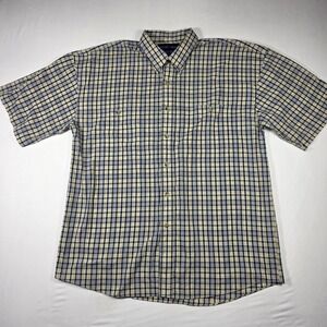 Sutter & Grant‎ Button Down Shirt Mens Large Tan Navy Blue Plaid Short Sleeve